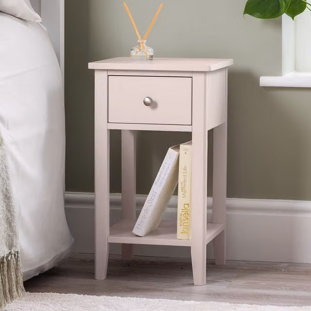 Christow Pink Slim Bedside Table with One Drawer and Storage Shelf