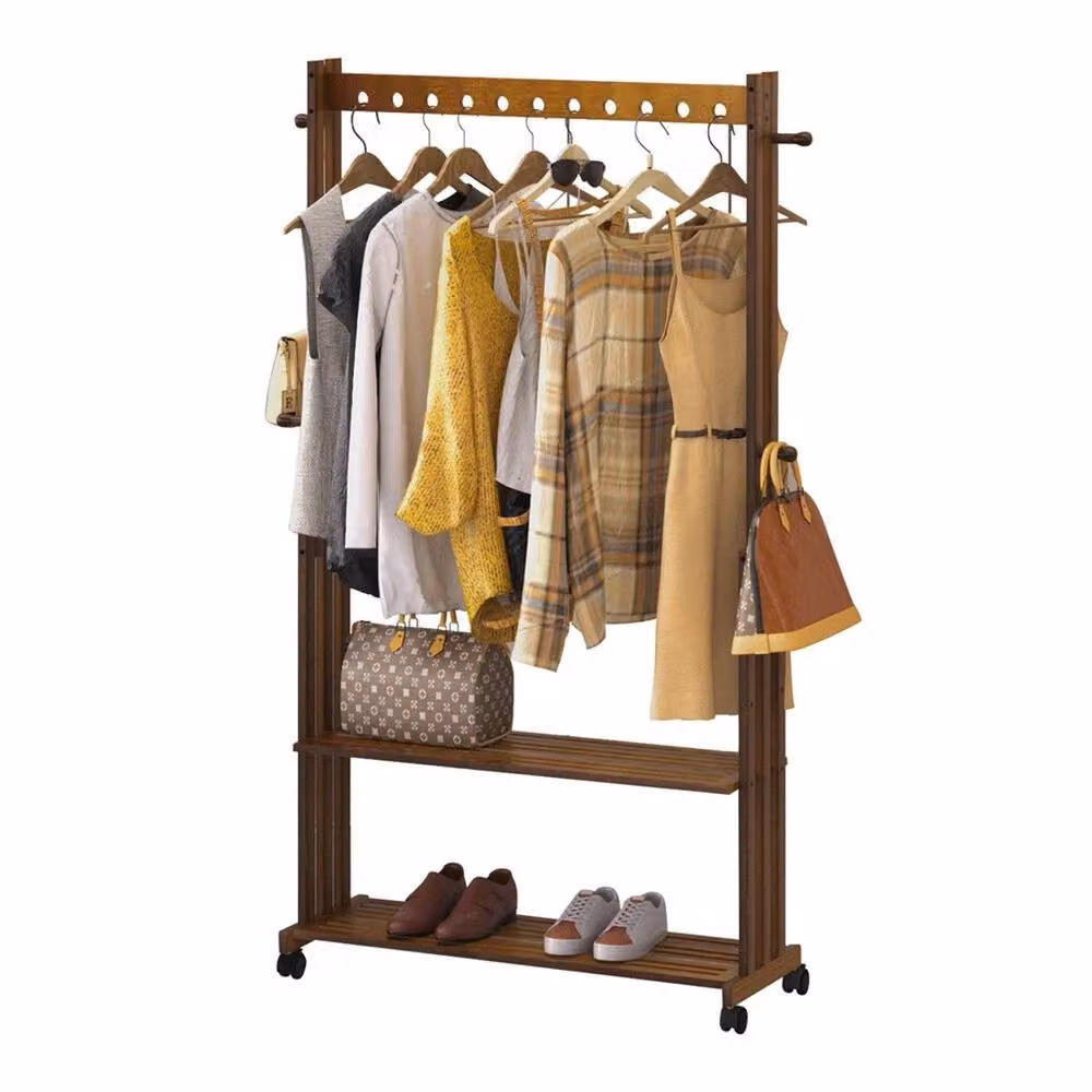 ERGOVEXA Vintage Clothes Rail with 2 Tier Shoe Storage Shelf in Brown – 2