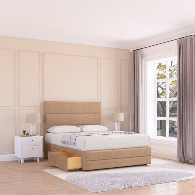 Sloomy Monaco Upholstered Bed Frame with Headboard in Beige, Super King, W/D/H: 200 x 200 cm