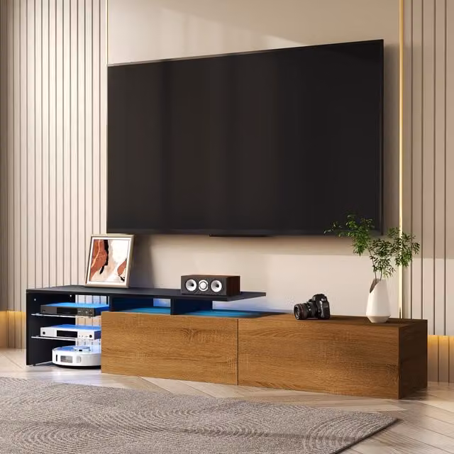 Aosom UK Modern TV Cabinet with Triple-Layer Glass Shelves and Smart Storage, Black and Natural Wood, W: 170 cm, D: 33 cm, H: 33.5 cm