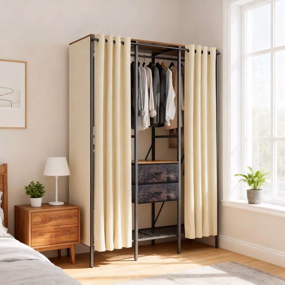 FORGEVIO Industrial Open Wardrobe Clothes Rail with Internal Shelves in Black and Brown – 3