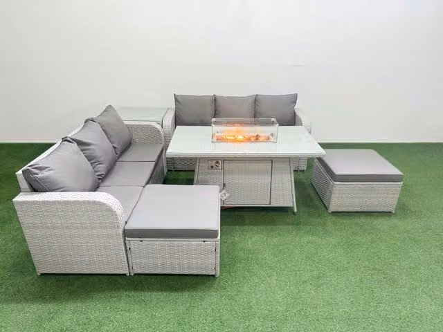 Fimous 8 Seater Grey Wicker Rattan Garden Furniture Set with Firepit Dining Table, High Back Lounge Sofa and 2 Footstools