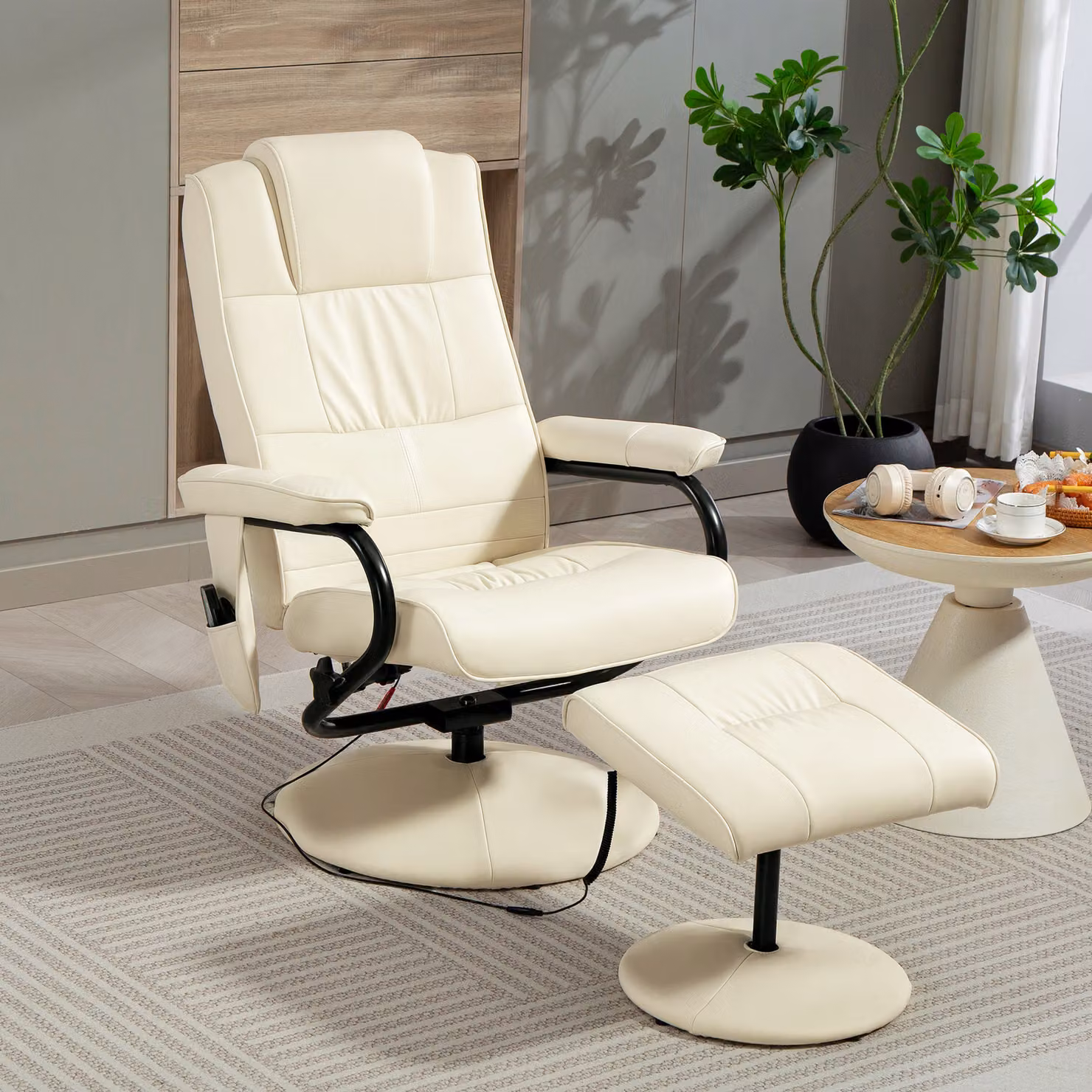 HOMCOM Swivel Recliner Chair and Footstool Set in Cream White Faux Leather with Remote Control and 360 Degree Rotation – 2