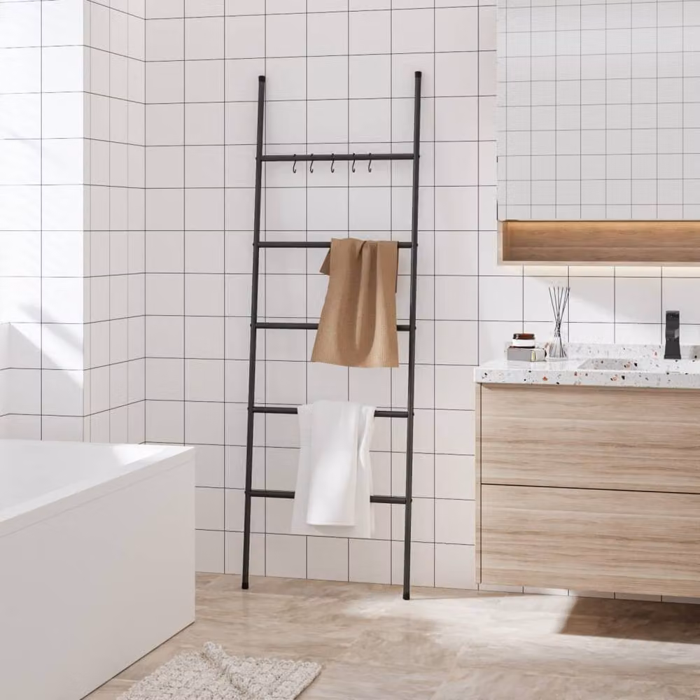Berkfield Home 5-Tier Freestanding Metal Towel Rack Ladder in Black, W: 58 cm, H: 175 cm – 2
