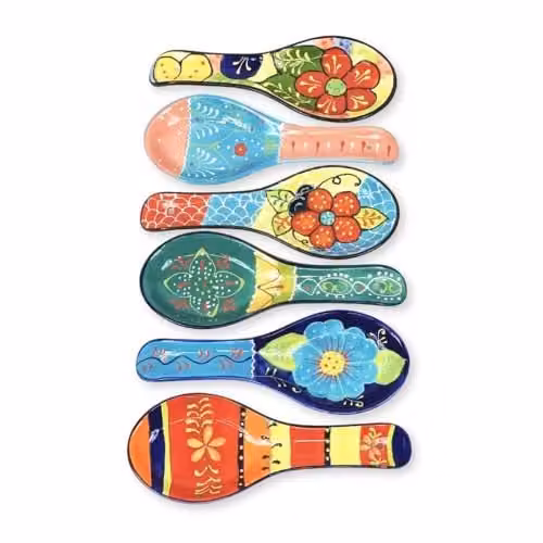 Verano Spanish Ceramics Hand Painted Floral Decorative Spoon Rest in Orange and Green