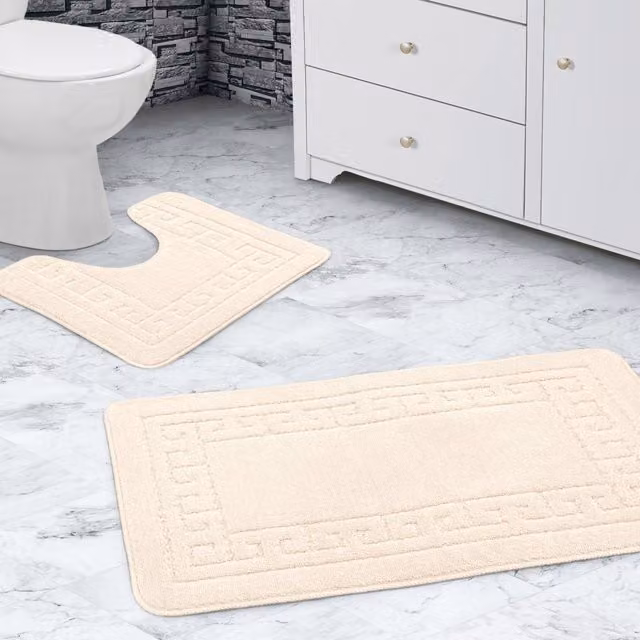 Velosso Greek Key Non-Slip Bath Mat and WC Pedestal Mat Set in Beige