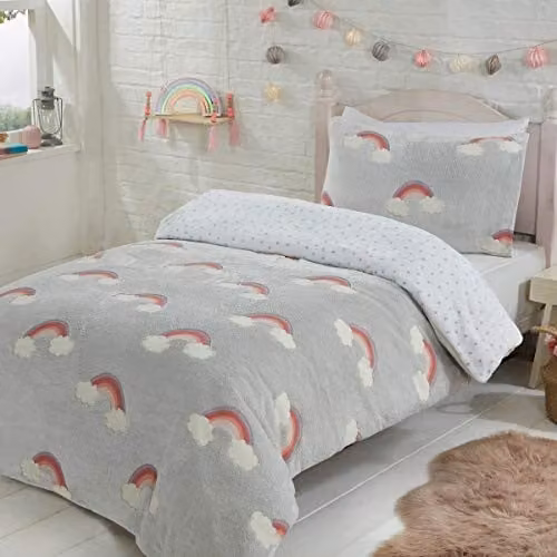 Sleepdown Rainbow Clouds Glow In The Dark Fleece Duvet Cover and Pillowcase Set, Grey, White and Multicolour, W/D/H: 200 x 200 cm and 50 x 75 cm – 1