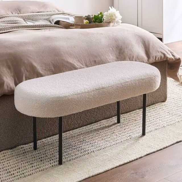 Wyld and Coco Off-White Boucle Oval Bench with White Metal Legs – 1