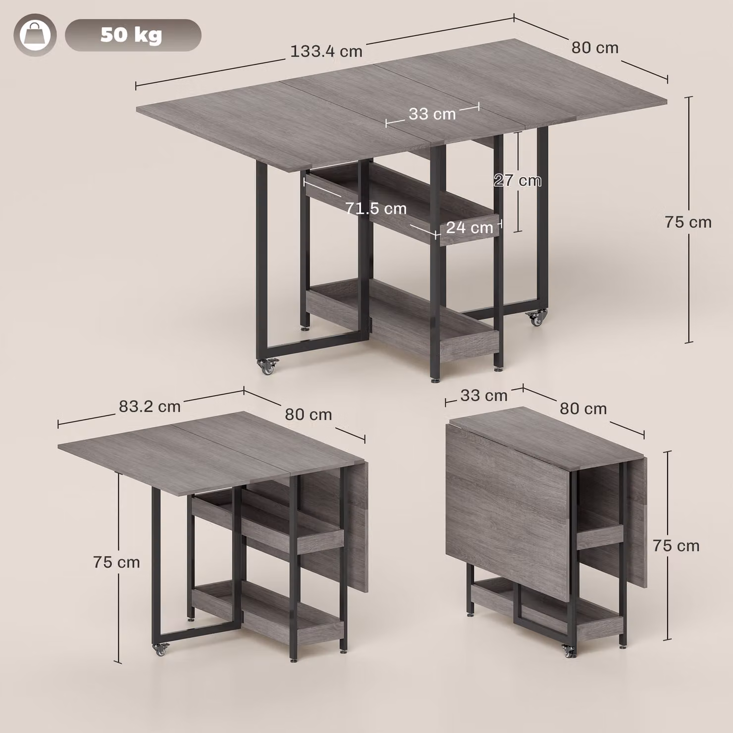 HOMCOM Industrial Grey Folding Dining Table with Drop Leaf and Open Compartments – 3