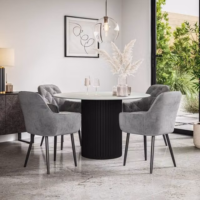More4Homes Arlo White Marble Top Dining Table with Black Legs and Anika Grey Velvet Dining Chairs Set of 4