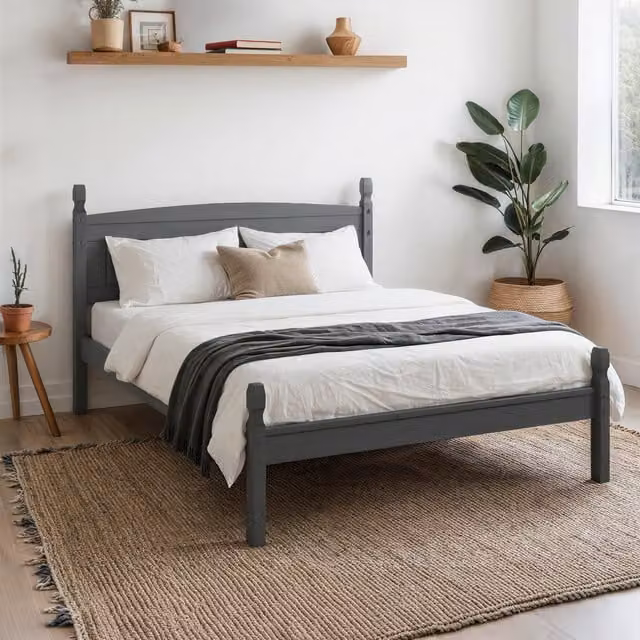 Mercers Furniture Corona Charcoal 4'6" Low End Double Bed Frame in Distressed Charcoal Wax Solid Wood W/D/H: 140 x 200 x 116 cm