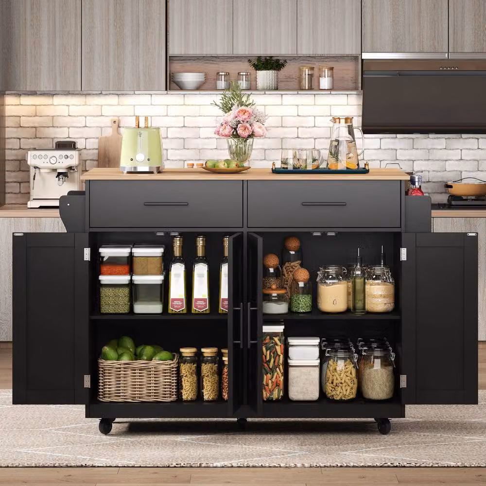 BTM Black Wood Kitchen Island on Wheels with Drop Leaf Folding Table and Serving Cart Trolley – 8