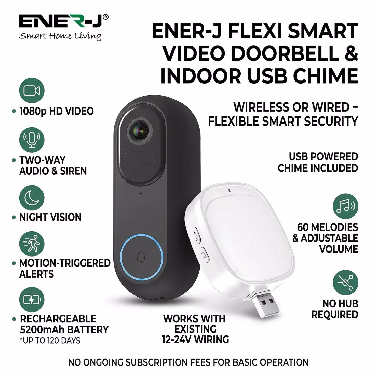 ENER-J Light Glow 1080P Wired and Wireless Video Doorbell Kit with 5200mAh Battery and USB Chime in Black – 2
