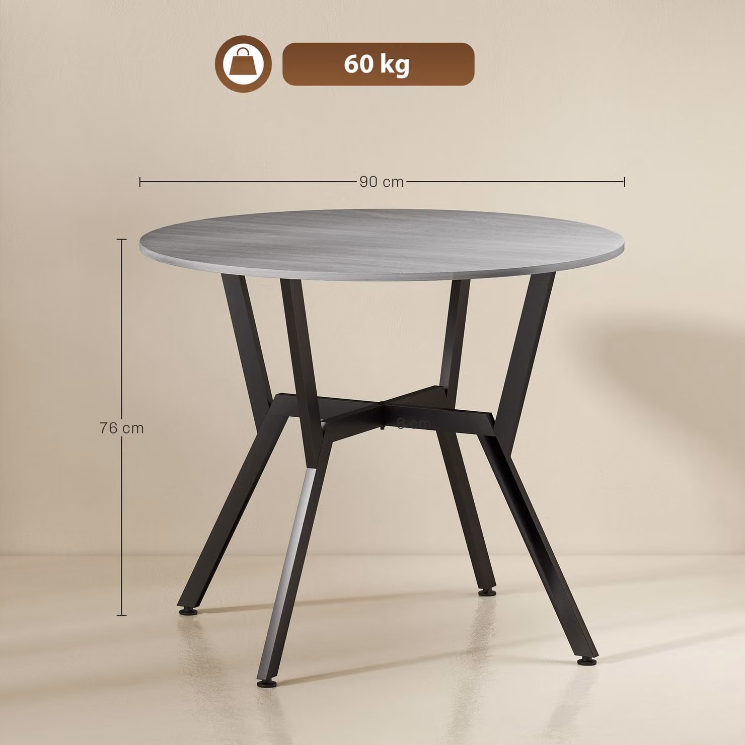 HOMCOM Round Grey Dining Table with Black Metal Legs, W/D/H: 90 x 76 x 76 cm – 3