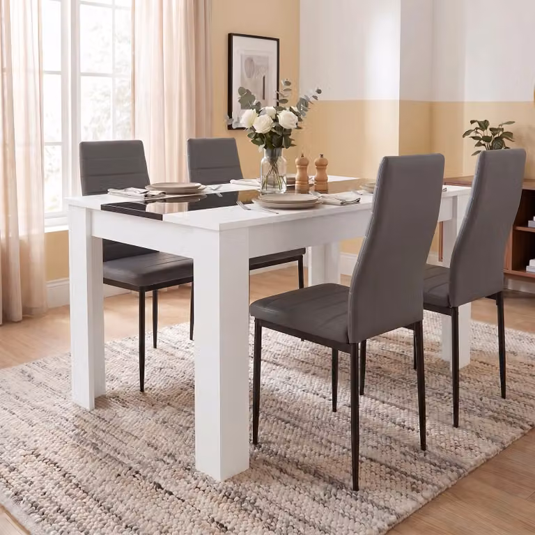 DHS Modern Glossy Rectangular Dining Table and Chairs Set in White, Black and Grey