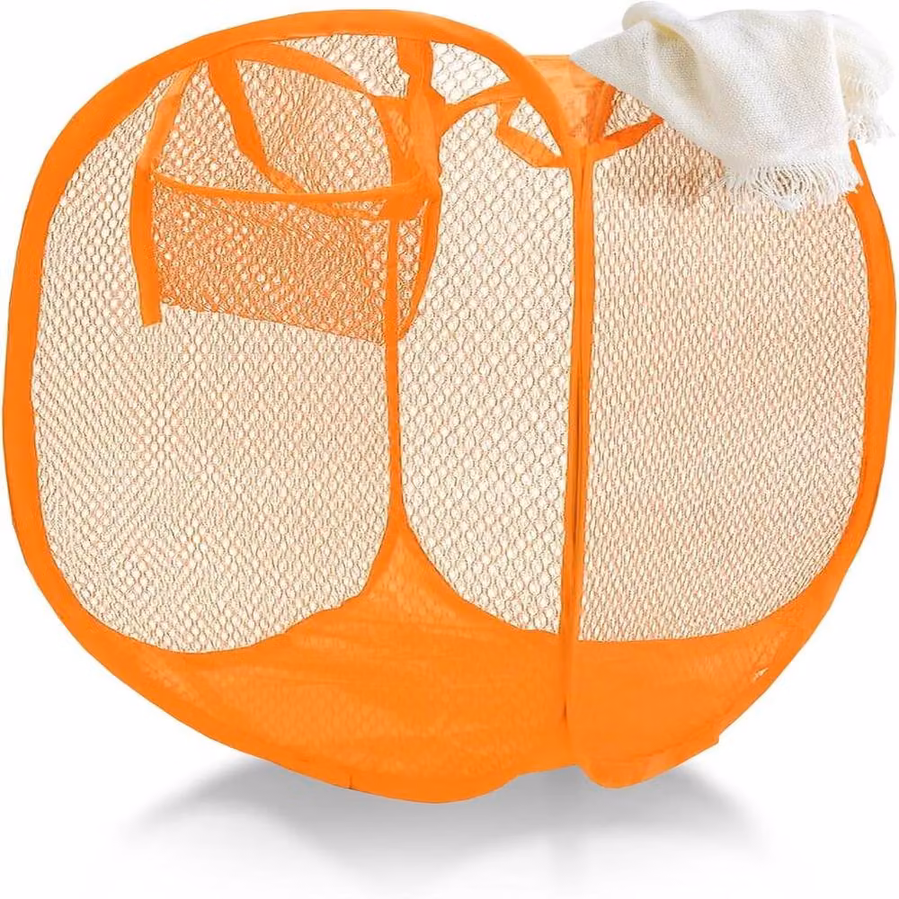 ATEK Collapsible Pop Up Laundry Basket with Handles and Side Pocket in Orange – 2