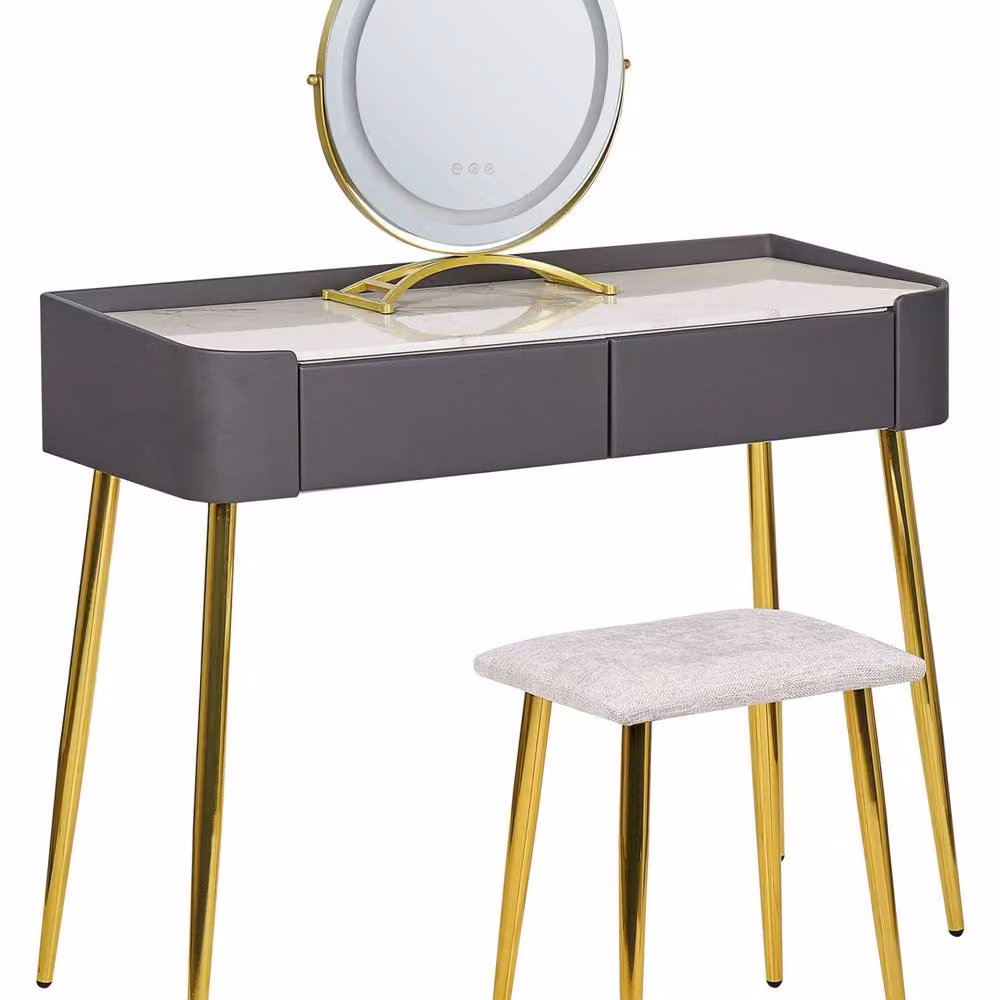 Wyld and Coco Grey and Gold Modern Dressing Table with LED Mirror and 2 Drawers – 2