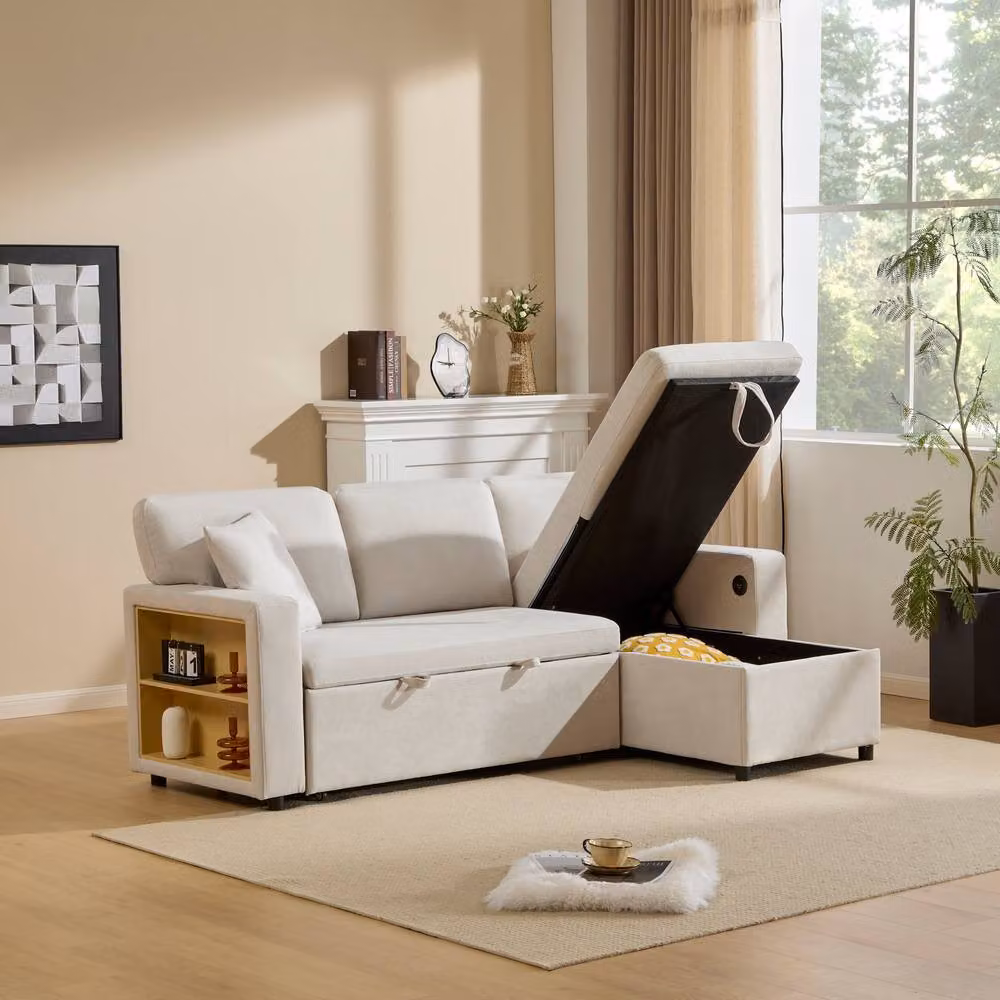 BTM Beige L-Shaped Fabric Corner Sofa Bed with USB Charging and Scatter Cushions, W/D/H: 214 x 131 x 87 cm – 2