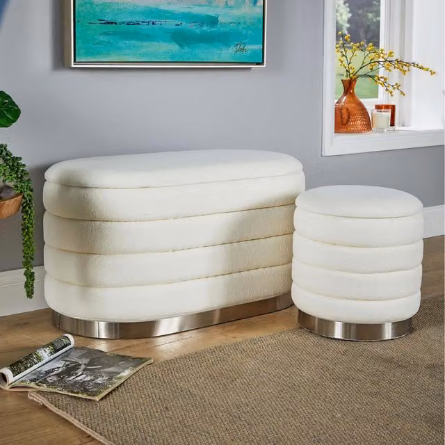 Home Source Set of 2 Cake Boucle Ottomans in White