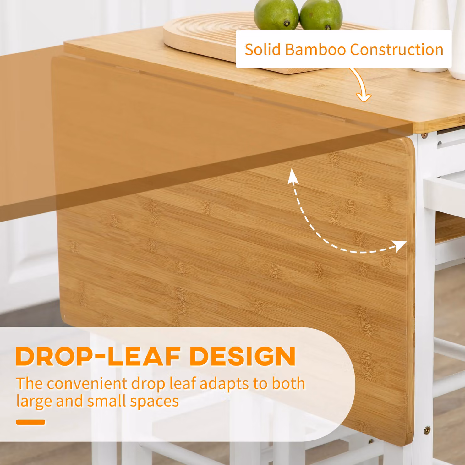HOMCOM Bamboo Kitchen Island Set with Drop Leaf Breakfast Cart and Two Stools, White – 3