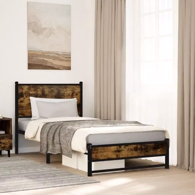 Berkfield Home Metal Bed Frame in Smoked Oak Brown, W/D/H: 100 x 200 cm – 1