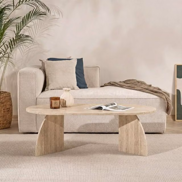 Decortie Melina Oval Coffee Table in Beige Stone, W/D/H: 60 x 60 x 40 cm