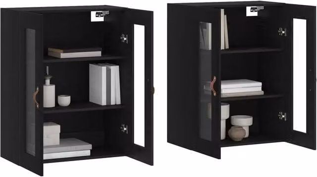 Berkfield Home Set of 2 Wall Mounted Cabinets in Black with Glass Doors and Internal Shelves