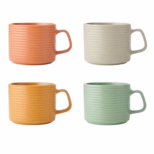 KitchenCraft Idilica Stacking Stoneware Mugs, Set of Four, Multicolour, 400ml