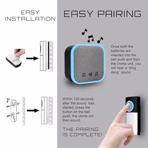 Uni-Com Wireless Portable Door Chime in Black with 150m Operating Range, 30 Chimes, LED Alert and 3 Operating Modes – 4