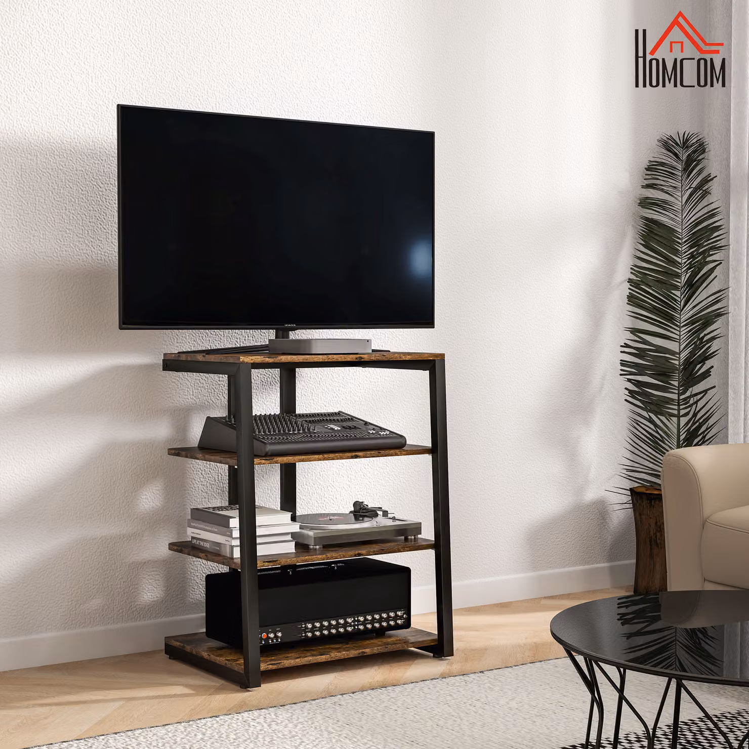 HOMCOM HiFi Stand with Four Adjustable Storage Shelves in Rustic Brown – 2