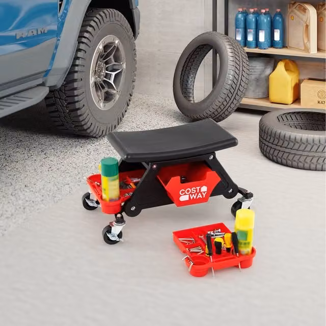 COSTWAY Rolling Mechanic Stool in Red