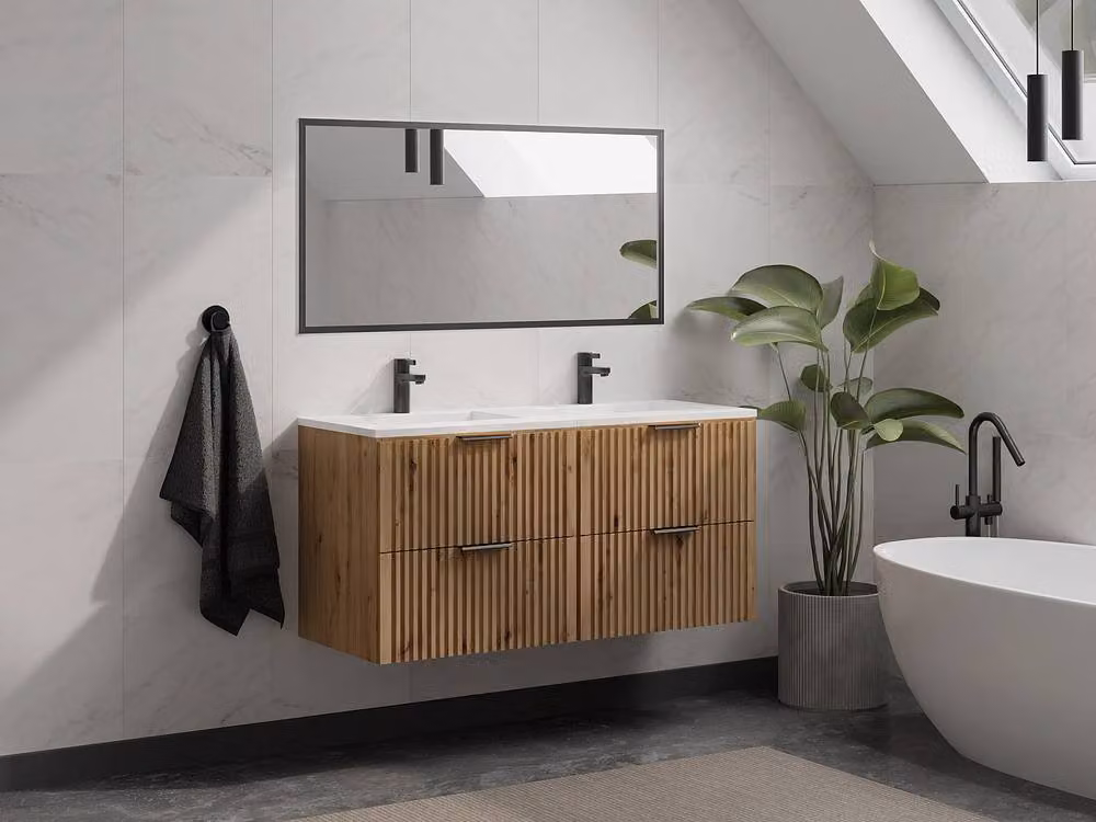Vente-unique Ribbed Suspended Bathroom Unit with Built-In Washbasin in Light Oak, W/D/H: 120 x 46 x 57 cm – 2