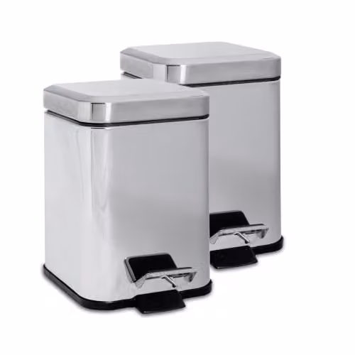 Harbour Housewares Pack of 2 Silver Stainless Steel Square Pedal Bins with Removable Inner Bucket, 3L