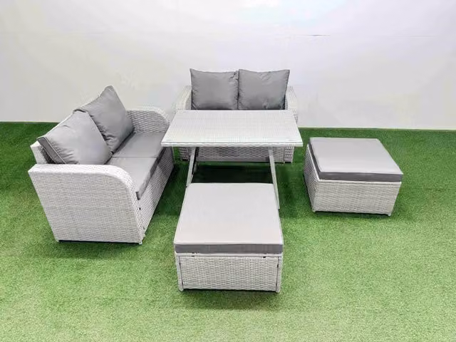 Fimous 6 Seater Rattan Garden Furniture Set in Light Grey with Upholstered Cushions
