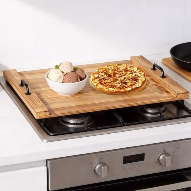 Ventryn Multi-Functional Brown Stove Cover, Rectangular Wood Cutting Board and Serving Tray with Handle and Groove – 1