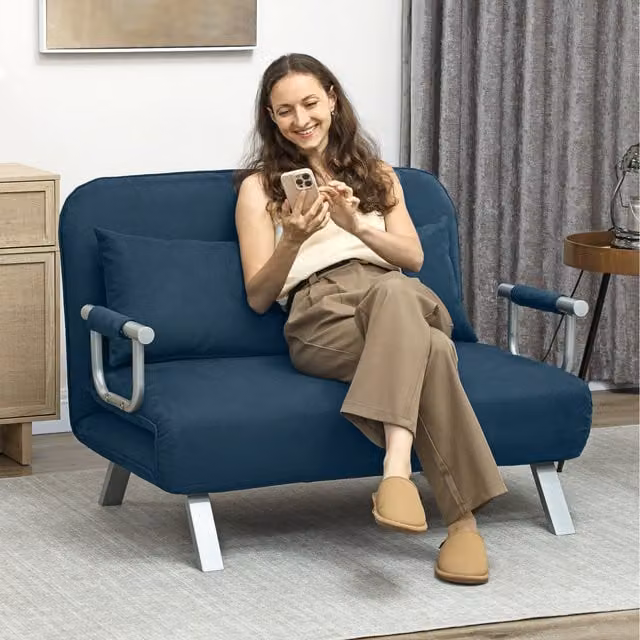 HOMCOM 2 Seater Convertible Click-Clack Sofa Bed with Adjustable Headrest and Scatter Cushions, Navy Blue, 140 x 200 cm