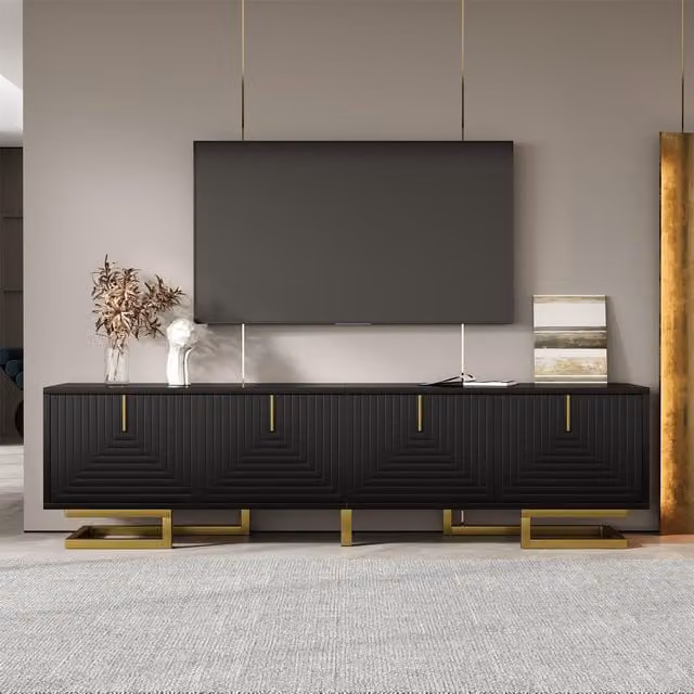 Aosom UK Stylish Black TV Cabinet with Textured Doors and Metallic Handles, W: 160 cm, D: 38 cm, H: 44.5 cm – 1