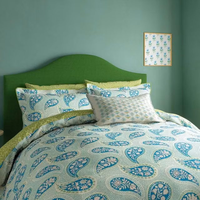Land & Shore Melody Double Duvet Cover and Pillowcase Set, Green Cotton, W: 140 cm, H: 200 cm
