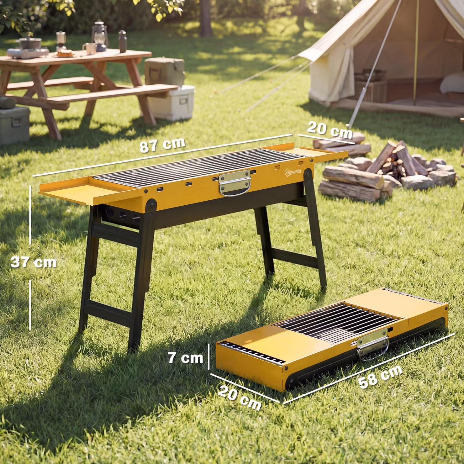 Outsunny Portable Charcoal BBQ Grill in Yellow with 2 Side Shelves and Handle – 3