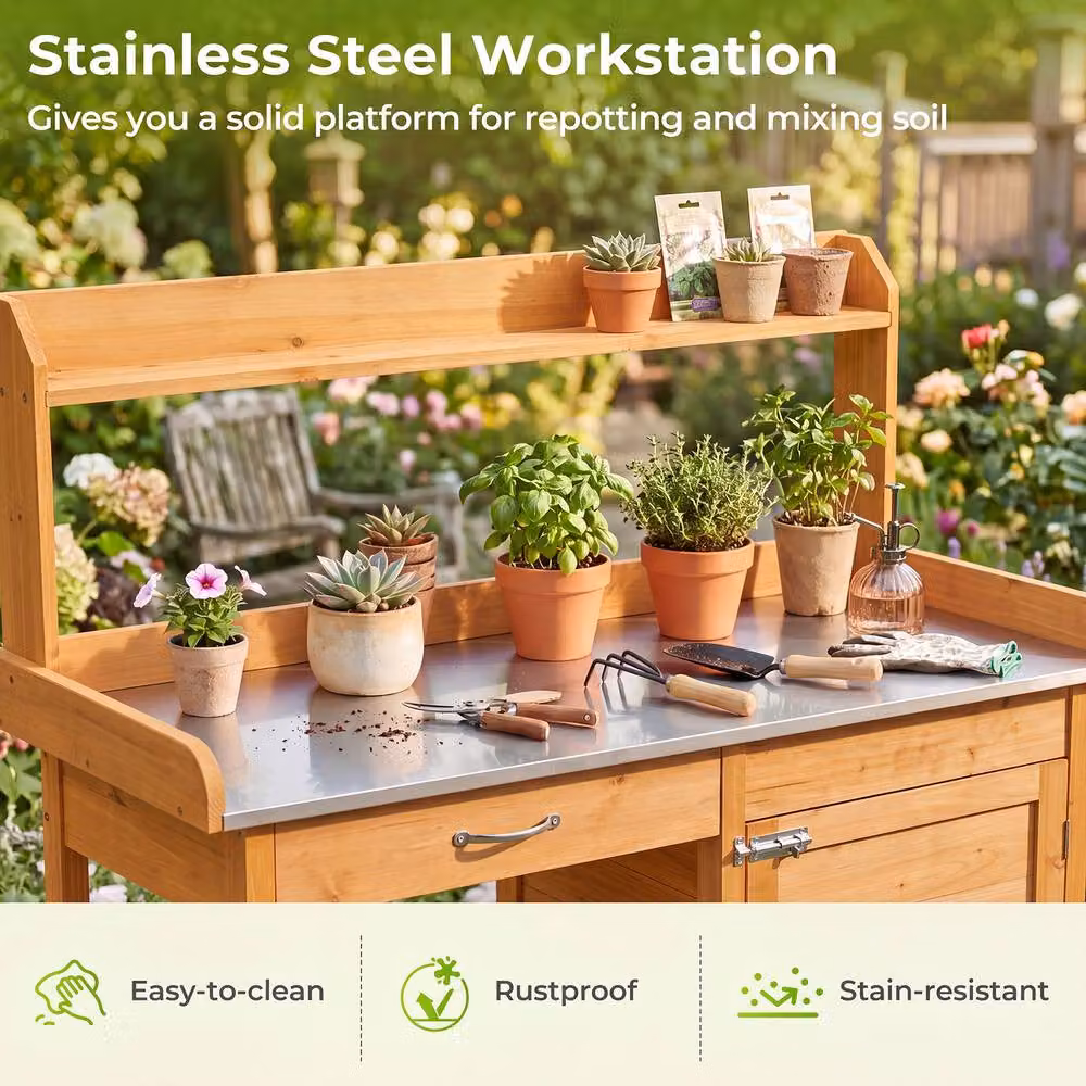 Costway Garden Potting Bench Wood Plant Workstation with Lockable Cabinet in Brown – 4