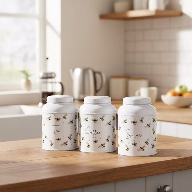 Purely Home Scattered Bees Decaf Coffee Canister with Small Dome Lid, White Metal Kitchen Storage Tin