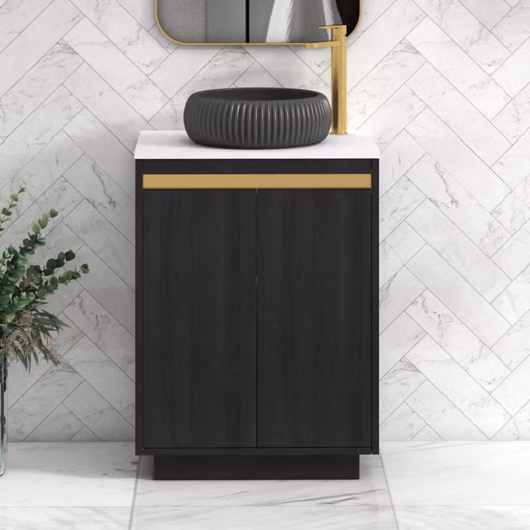 Royal Bathrooms Orion 600mm Hale Floor Standing 2 Door Vanity Unit in Plain White with Milan Black Basin and Brushed Brass Accent Trim