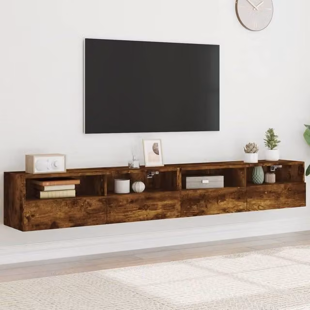 Berkfield Home Set of 2 Smoked Oak Wall Mounted TV Cabinets in Brown, W/D/H: 100 x 30 x 30 cm – 1