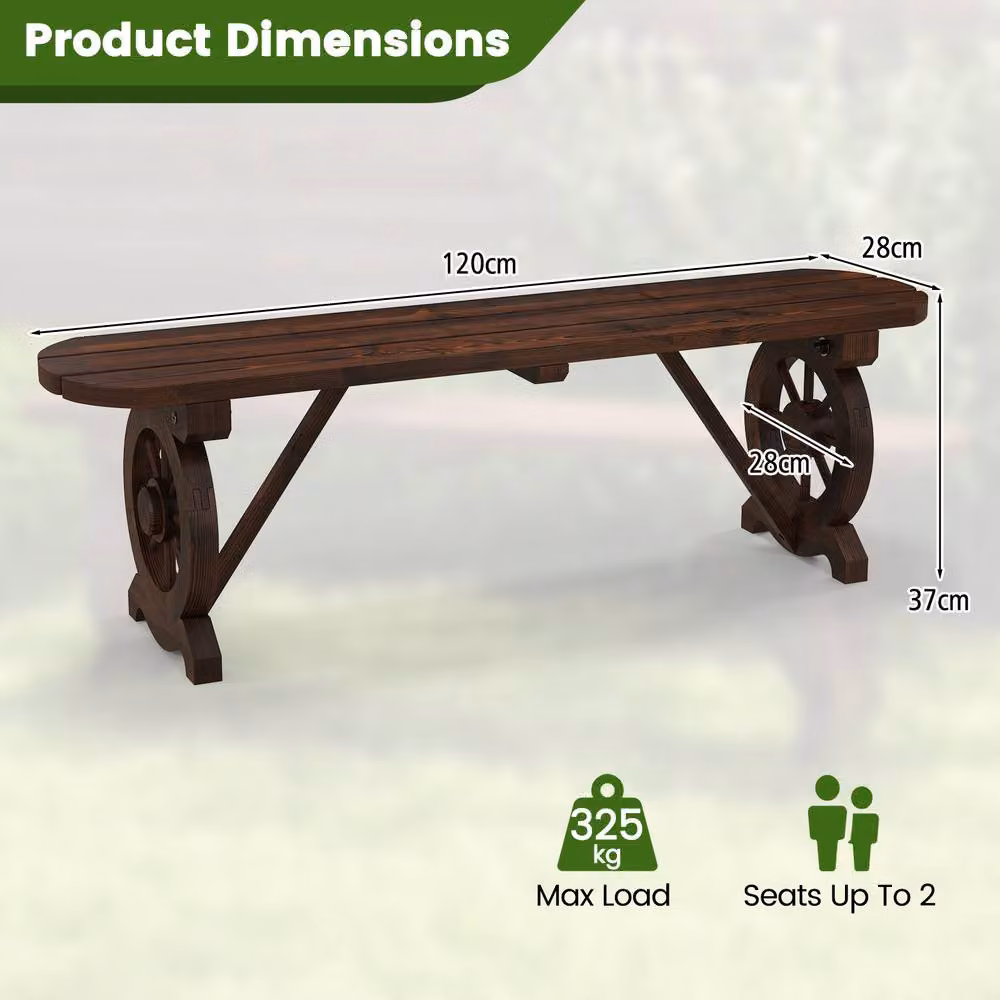 Costway 2-Seat Curved Garden Dining Bench in Brown Carbonised Wood with Wagon Wheel Base – 5