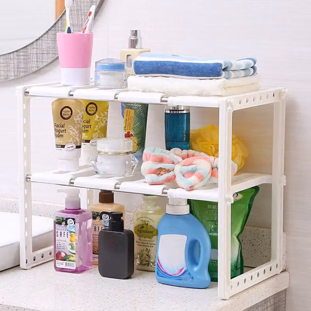 Livingandhome Adjustable Two-Tier Under Sink Storage Rack in White