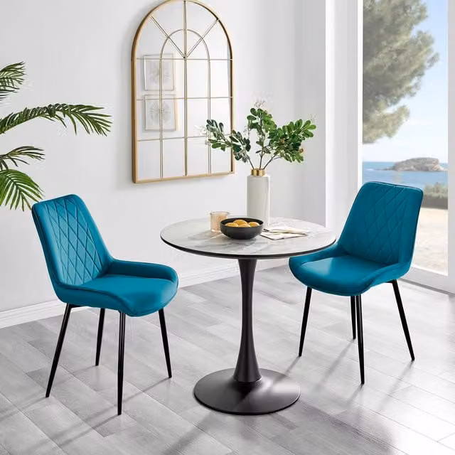 FurnitureboxUK Elina White Marble Effect Round Dining Table and 2 Blue Velvet Pesaro Chairs with Black Legs