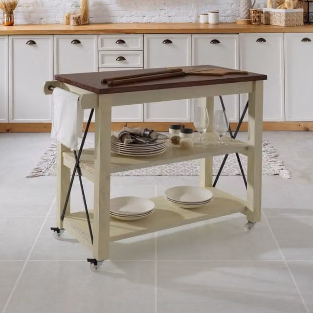 Mercers Furniture Rustic White and Brown Pine Kitchen Cart