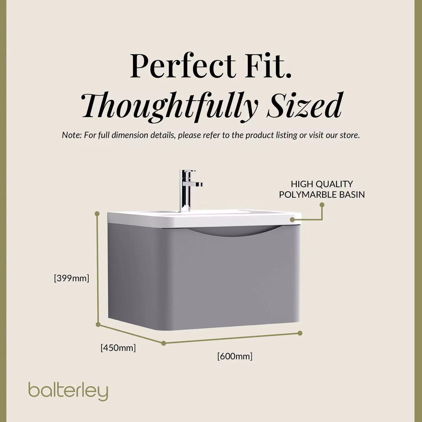Balterley Wall Hung 1 Drawer Bathroom Vanity Unit and Basin, Satin Grey, Width: 55 cm – 2
