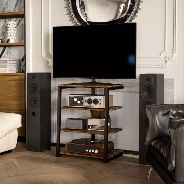 HOMCOM Corner TV Unit with Open Shelves and Extension Lead Holder in Rustic Brown