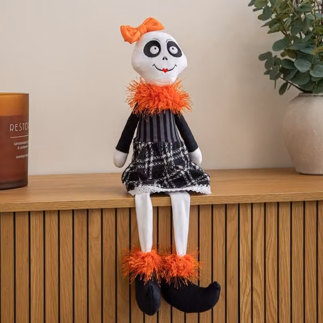 Samuel Alexander Mrs Bones Seated Halloween Tabletop Decoration with Dangly Legs, Multicolour, Height: 55 cm